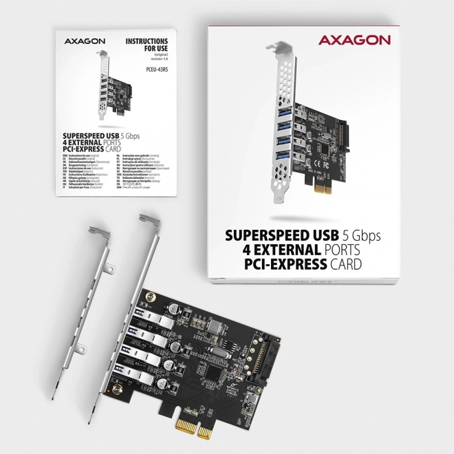 PCEU-43RS řadič PCIe 4x port USB 3.2 GEN 1, UASP, čipová sada Renesas, 15pinový napájecí zdroj SATA