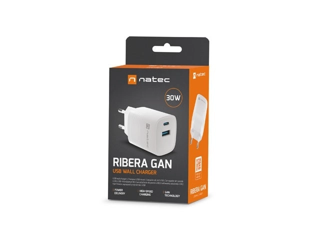 Síťová nabíječka Ribera GAN 1x USB-A + 1x USB-C 30W Bílá