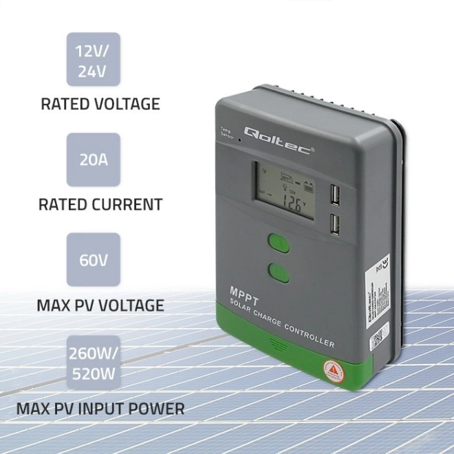 Regulátor solárního nabíjení MPPT s teplotním čidlem 20A | 12V / 24V | LCD | 2 x USB