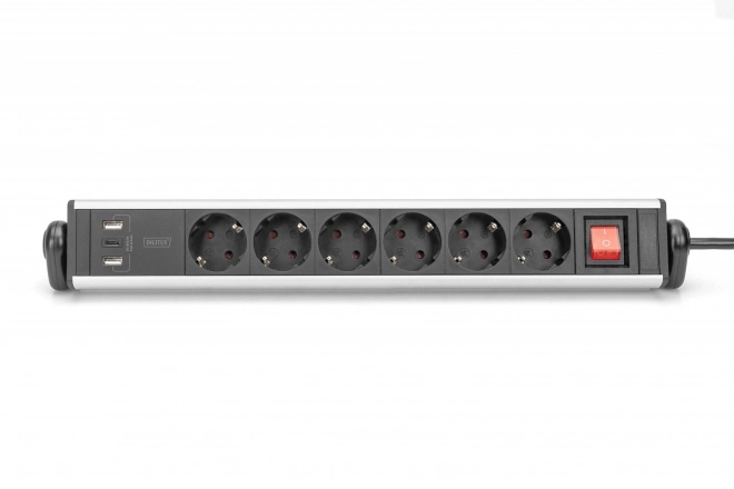 Stolní napájecí lišta s 6 zásuvkami, 2x USB‑A a 1x USB‑C, otočná o 180°, hliníková, se svěrkami – DIGITUS