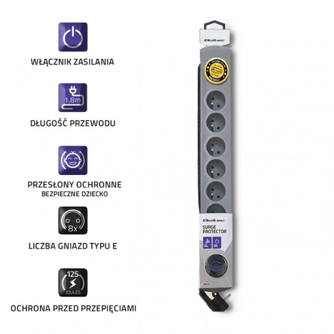 Přepěťová ochrana Quick Switch, 8 zásuvek, 1,8 m, šedá
