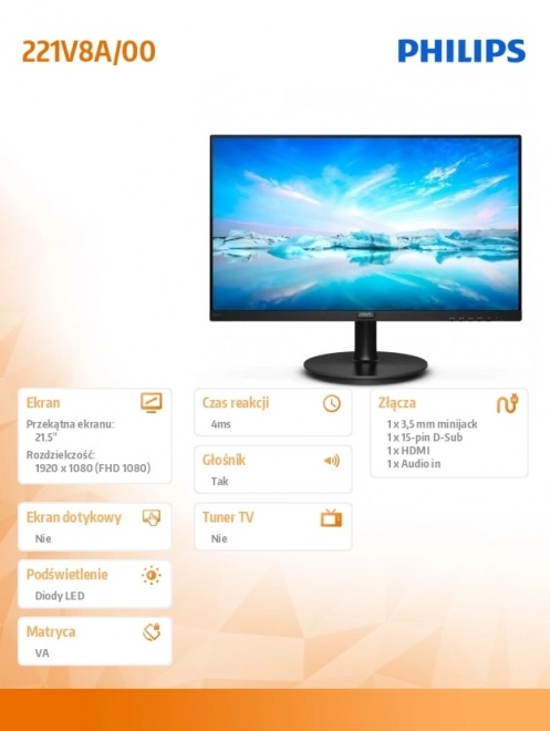 21,5" monitor 221V8A VA HDMI Reproduktory