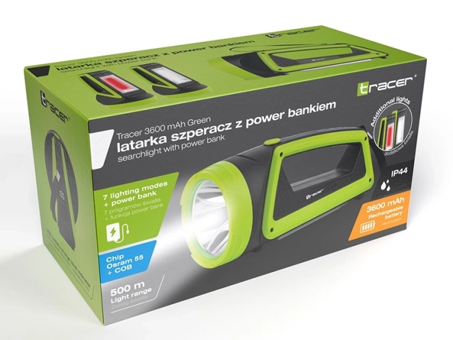 Světlomet 3600 mAh zelený s power bankou