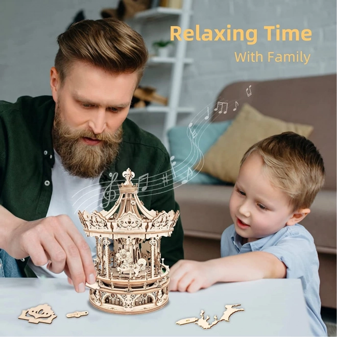 Dřevěný kolotoč - 3D Skládačka s Hrací Skříňkou
