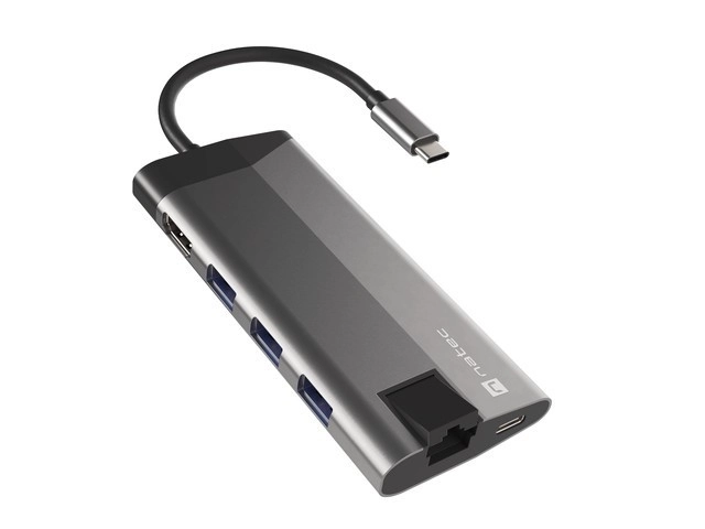Rozbočovač USB‑C NATEC Fowler Plus 8 v 1, 3× USB 3.0, HDMI 4K, RJ‑45, SD/microSD, PD 100 W