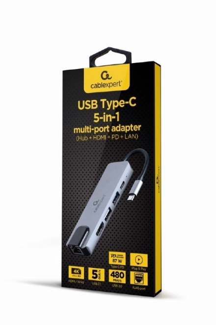 Víceportový adaptér USB-C 5in1, PD, HDMI, USB 3.1, USB 2.0, LAN