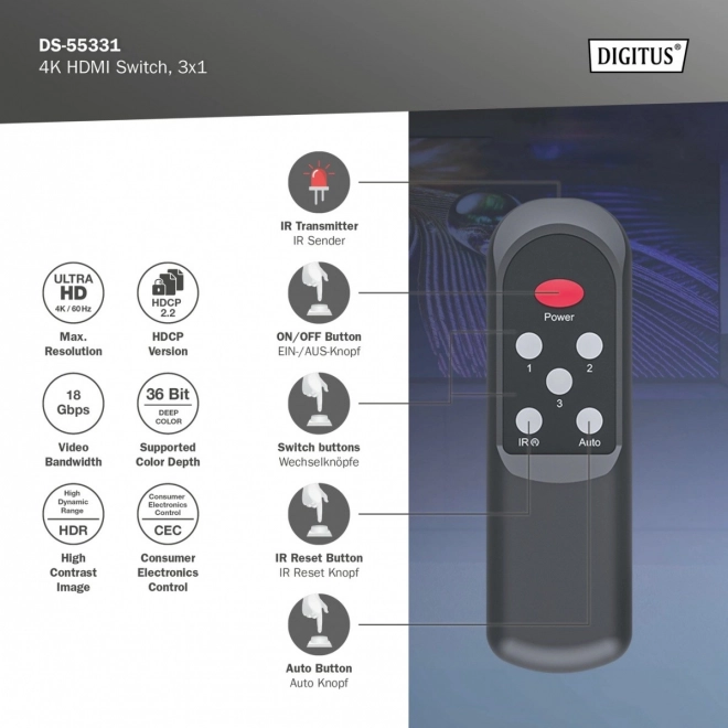 Přepínač 4K HDMI 3x1 s dálkovým ovládáním
