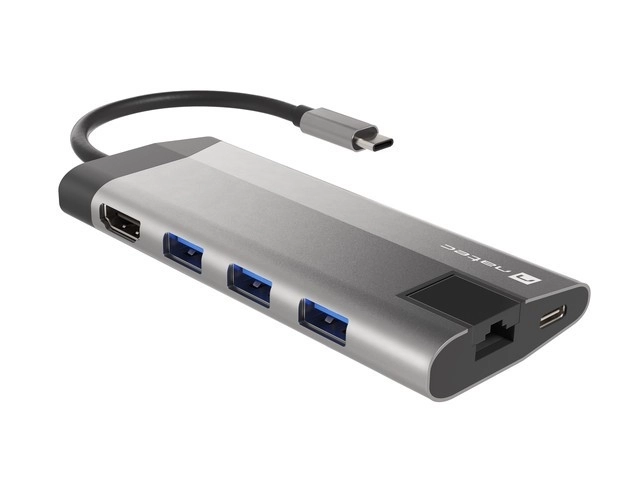 Rozbočovač USB‑C NATEC Fowler Plus 8 v 1, 3× USB 3.0, HDMI 4K, RJ‑45, SD/microSD, PD 100 W
