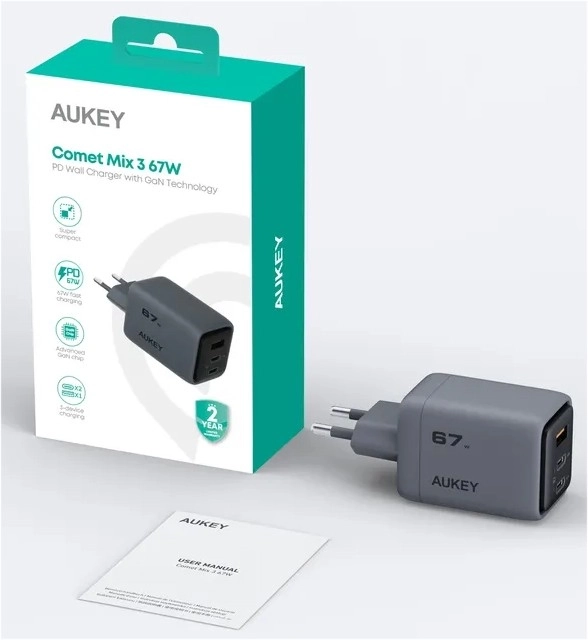 Aukey PA-C3 Comet Mix 3 GaN ultraschnellá síťová nabíječka 67 W 3x USB (2x USB-C a 1x USB-A)