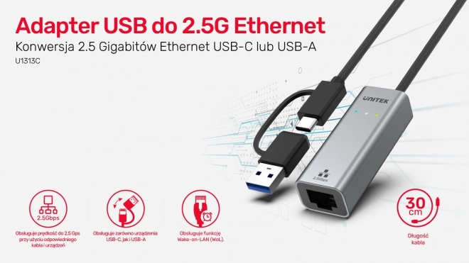 Unitek adaptér USB-C/USB-A na Ethernet RJ-45 2,5 Gbps