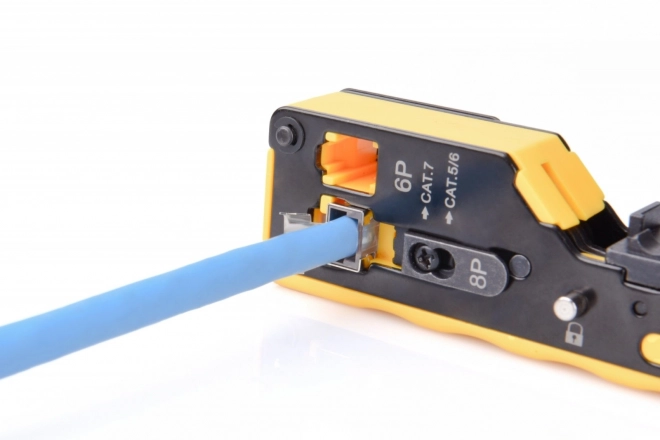 Kleště na průchodové konektory RJ45 s funkcí řezání kabelů a stahování izolace