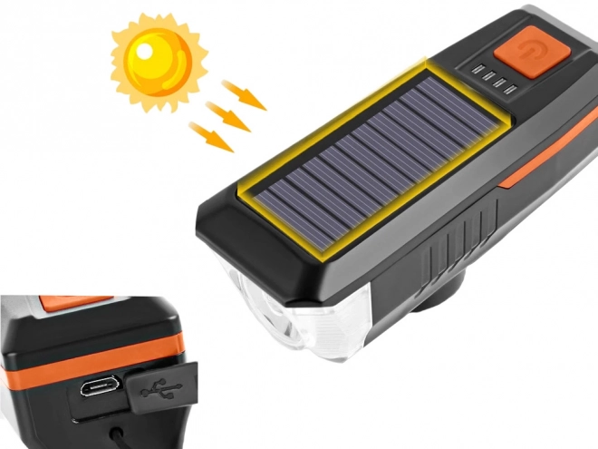 Přední LED světlo na kolo se solárním nabíjením a houkačkou