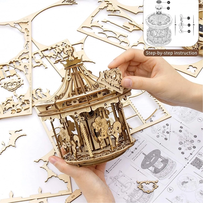 Dřevěný kolotoč - 3D Skládačka s Hrací Skříňkou