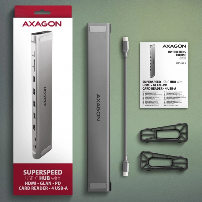 HMC-10HLS Víceportový rozbočovač USB 5Gb/s 4x USB-A, HDMI 4K/60Hz, RJ-45, SD/microSD, PD 100W, 25cm kabel USB-C