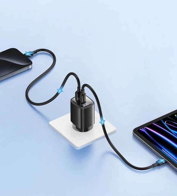 30W GaN LED USB+USB-C síťová nabíječka CC229 Rychlé nabíjení bílá