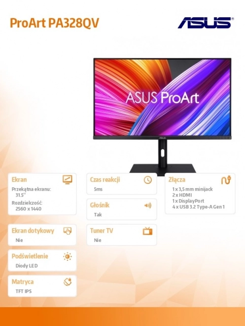 Monitor 32" PA328QV WQHD IPS 400cd/m2 DP HDMI2.0x2 DP USBx4 sRGB100% SPEAKER PIVOT