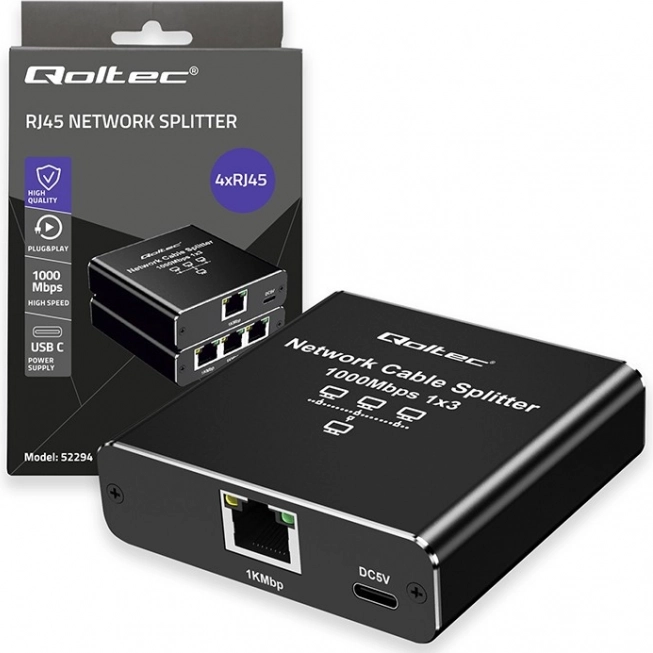 Ethernet rozdělovač mini switch 1x3 RJ45 1000Mb/s USB-C hliníkový