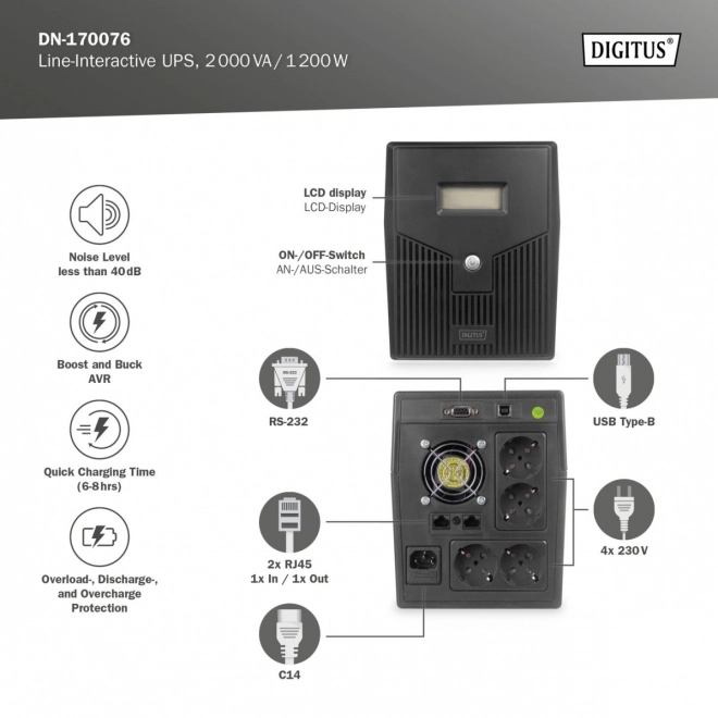 UPS Line-Ineractive LCD, 2000VA/1200W, 2x12V/9Ah, AVR, 4xSCHUKO, USB, RS232, RJ45