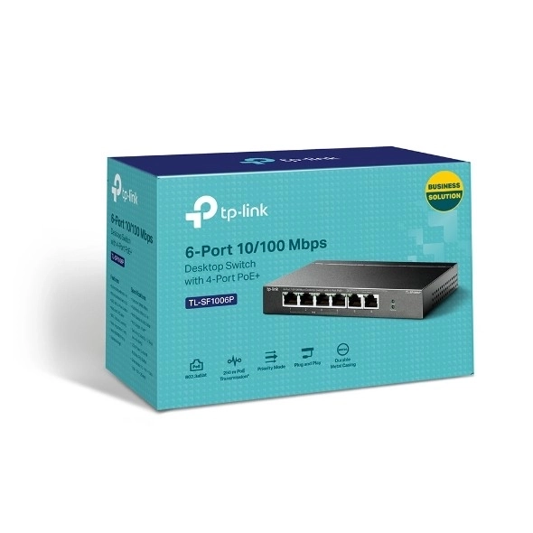 Stolní switch TP-Link s 6 porty 10/100 Mb/s a 4× poe+