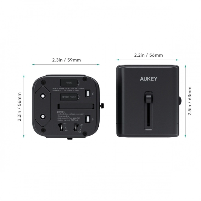 PA-TA01 Černý univerzální cestovní napájecí adaptér 2xUSB+1xUSB C | 7,8A | vhodný pro 150 zemí světa
