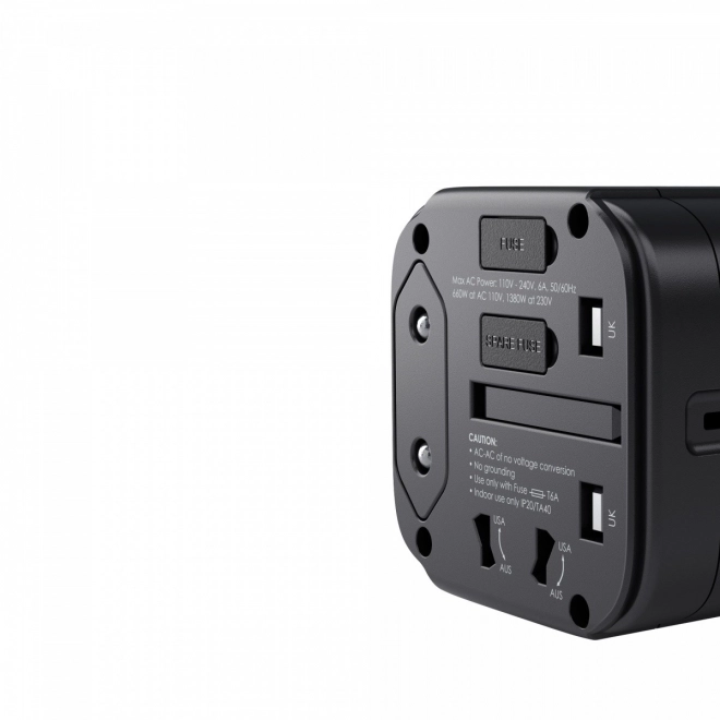 PA-TA01 Černý univerzální cestovní napájecí adaptér 2xUSB+1xUSB C | 7,8A | vhodný pro 150 zemí světa