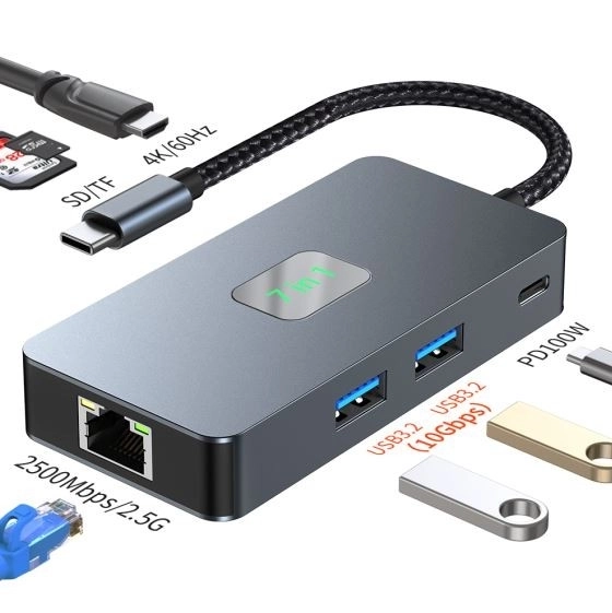 Adaptér HUB USB C (7v1) HDMI USB SD/TF RJ45 (2500 Mb/s) PD