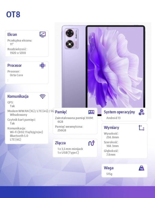 Tablet OT8 4G 11 palců 6/256GB fialový