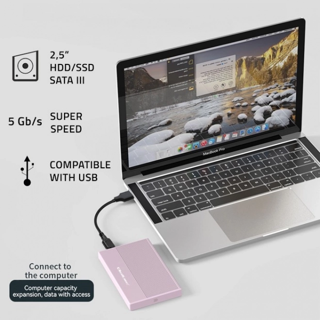 Skříň | Klec pro 2,5" SSD HDD | SATA | USB 3.0 | Super speed 5Gb/s | 2TB | Růžová barva