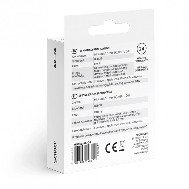 Audio adaptér - USB-C Jack 3,5 mm AK-74