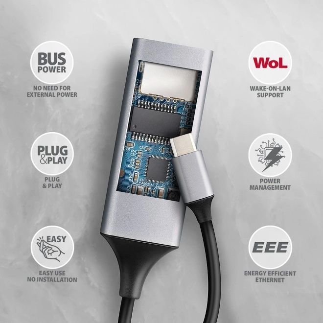 ADE-TXPD Gigabitový ethernetový adaptér, USB-C 3.2 Gen 1, automatická instalace, Asix AX8817, PD 100W