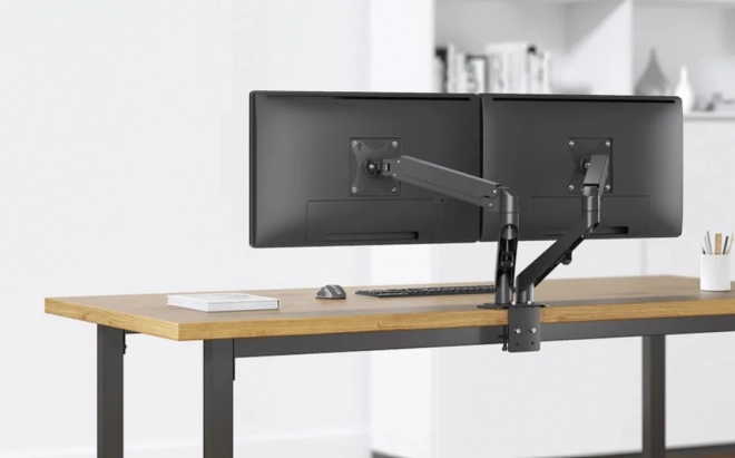 Plně pohyblivý stolní držák pro dva monitory Neomounts