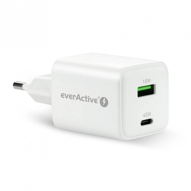 Síťová nabíječka everActive GaN USB a USB-C 45W bílá