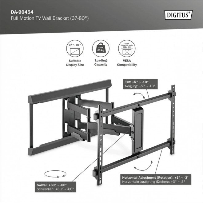 Nástěnný držák pro TV 37-80" max. zatížení 60 kg, VESA max. 600x400 s vertikálním a horizontálním nastavením