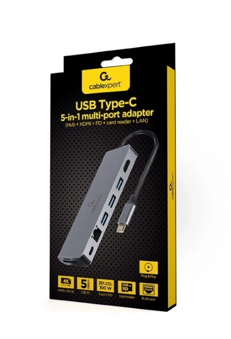 Usb‑c hub s hdmi (uhd 4k), gigabit lan, 2× usb‑a, sd/microsd a 100 w pd – CABLEXPERT