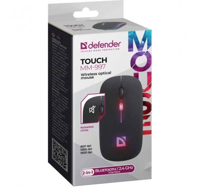 Bezdrátová myš DEFENDER Touch, tiché klikání, RGB, BT + 2,4 GHz, dobíjecí, 800/1200/1600 DPI, černá