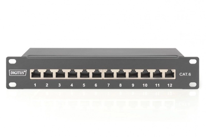 Patch panel 10" 12 portů, cat.6, S/FTP, 1U, držák kabelů, černý (kompletní)