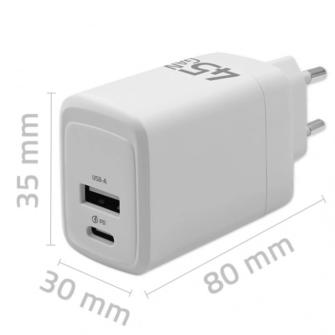 45W GaN | 5-20V | 1,5-3A | 1xUSB-C PD | 1xUSB QC 3.0 | Bílý