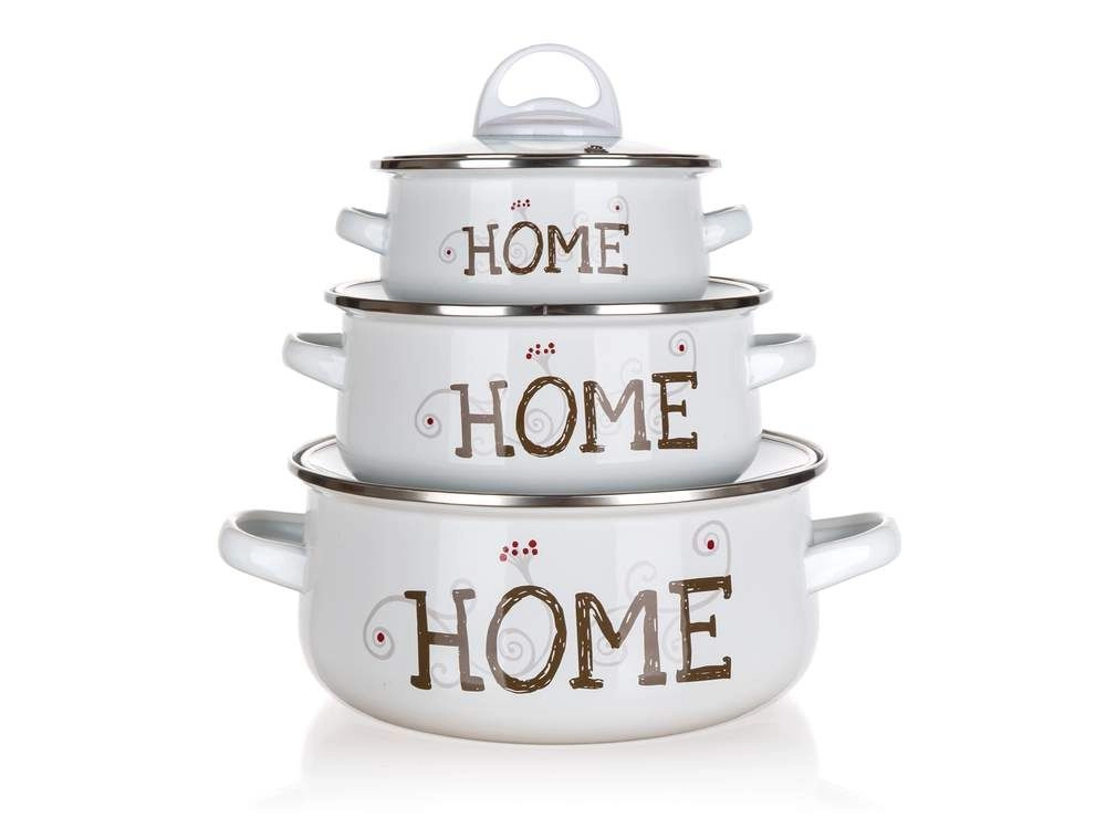 Levně Sada smaltovaných hrnců BANQUET Home, 6 ks, bílé se skleněnými poklicemi
