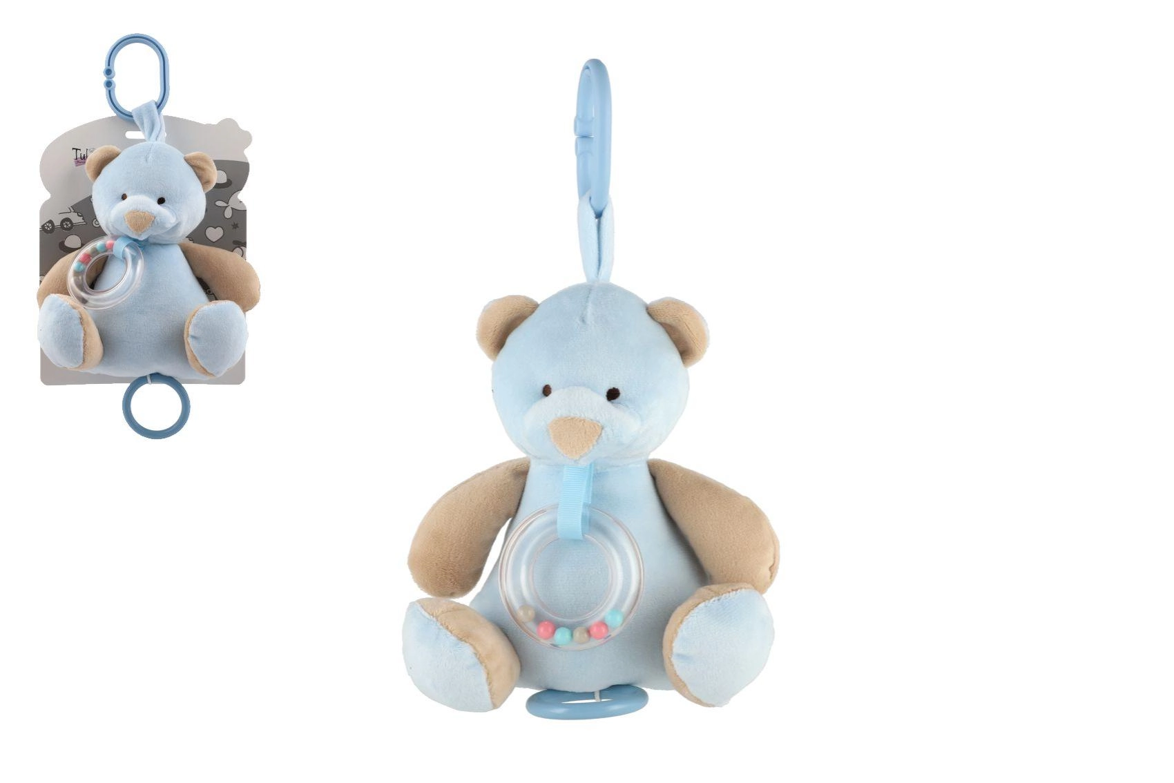 Levně Teddies Medvěd plyš 18cm závěs na postýlku/kočárek nat hrací strojek modrý na kartě v sáčku