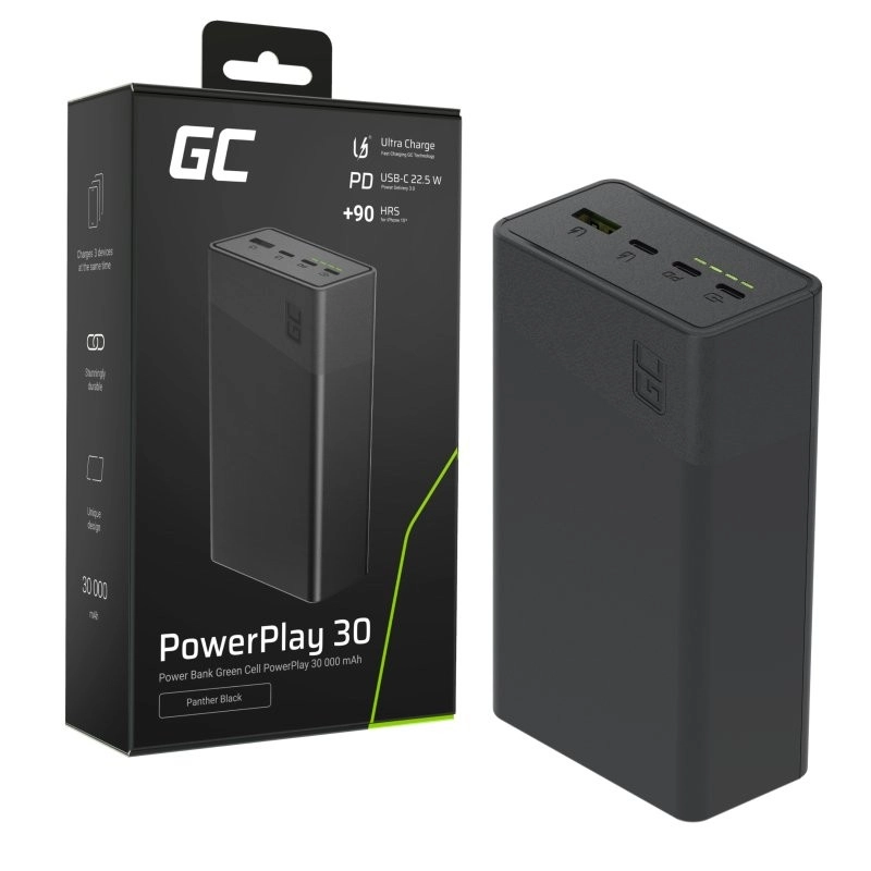 Powerbanka 30000 mAh, 22,5 W, 4 porty, černá