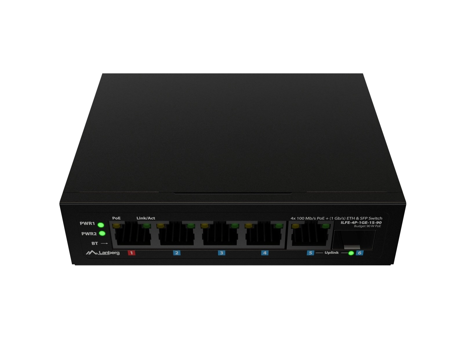 Levně Lanberg lehký průmyslový PoE switch na DIN lištu 4× Fast Ethernet + 1× Gigabit uplink + 1× SFP (PoE++ 90 W)