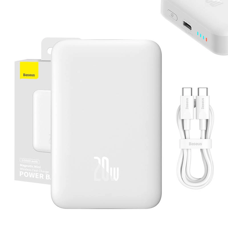 Levně Magnetická powerbanka Baseus 10000 mAh s bezdrátovým nabíjením a USB‑C 20 W, bílá