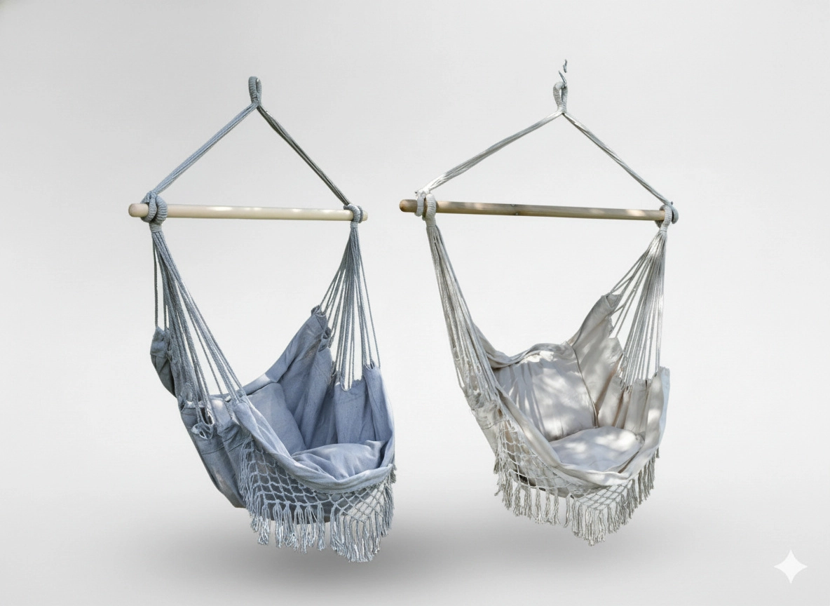 Levně Závěsné brazilské křeslo boho s polštáři, 130 × 100 cm, béžovo‑šedé