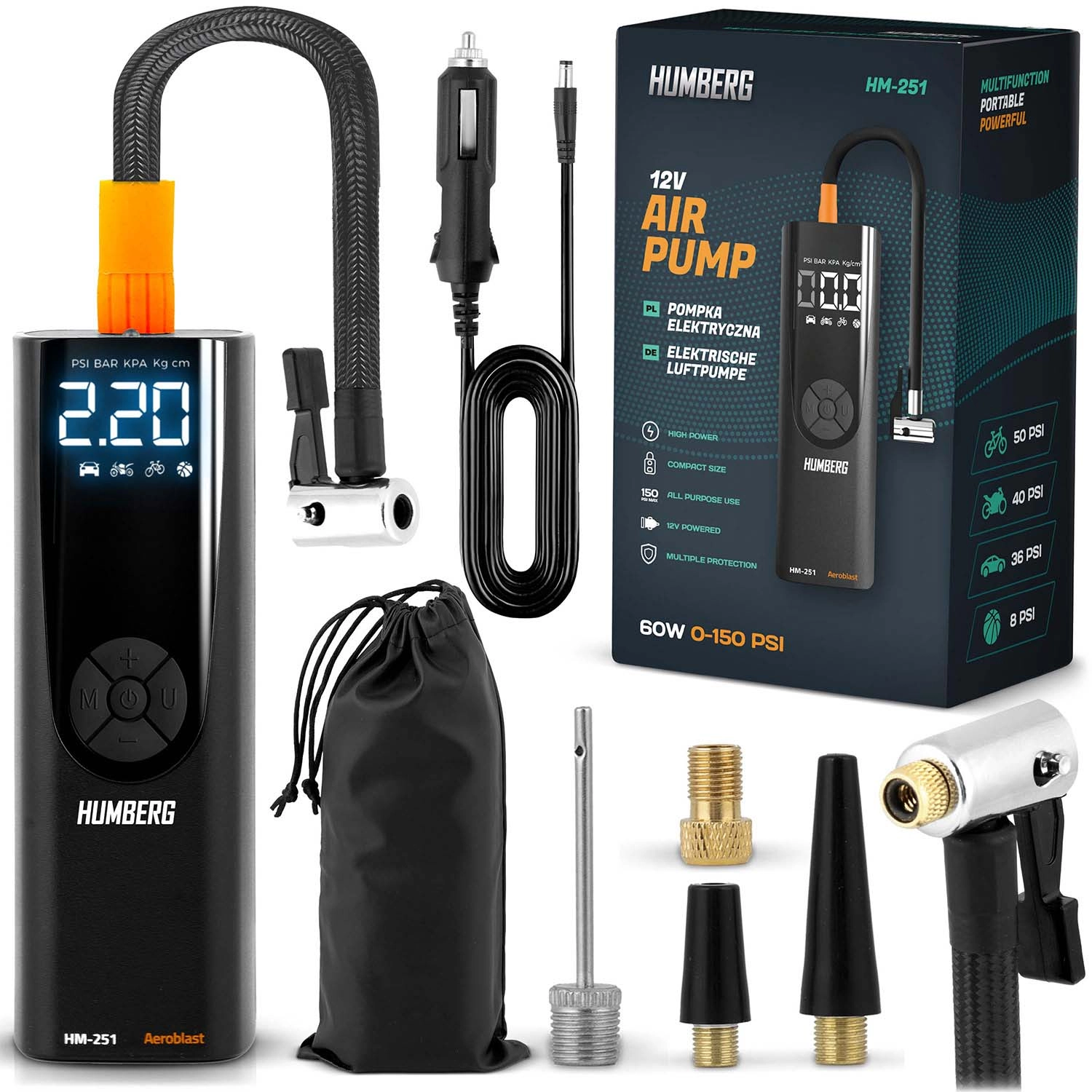 Levně Elektrický mini kompresor HUMBERG HM-251 – přenosná digitální auto pumpa s LED světlem