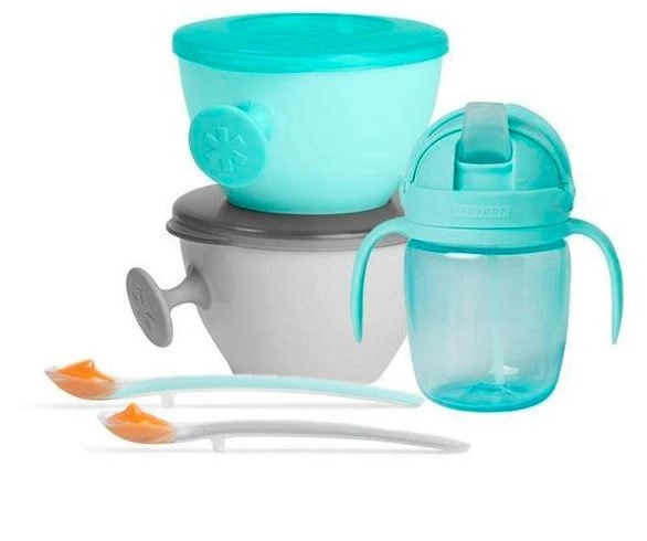 Levně Skip Hop Set jídelní s hrnkem Easy Feed Mealtime Set Teal Grey 6m + 5 ks