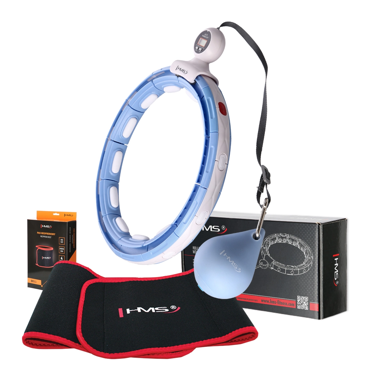 Levně HMS sada masážní hula hoop se závažím, magnety a počítadlem + zeštíhlující pás modrá