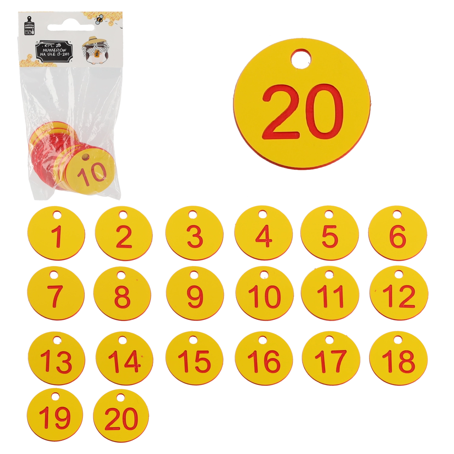 Levně Sada čísel na úly 1–20, plastové žetony s otvorem 3,5 cm
