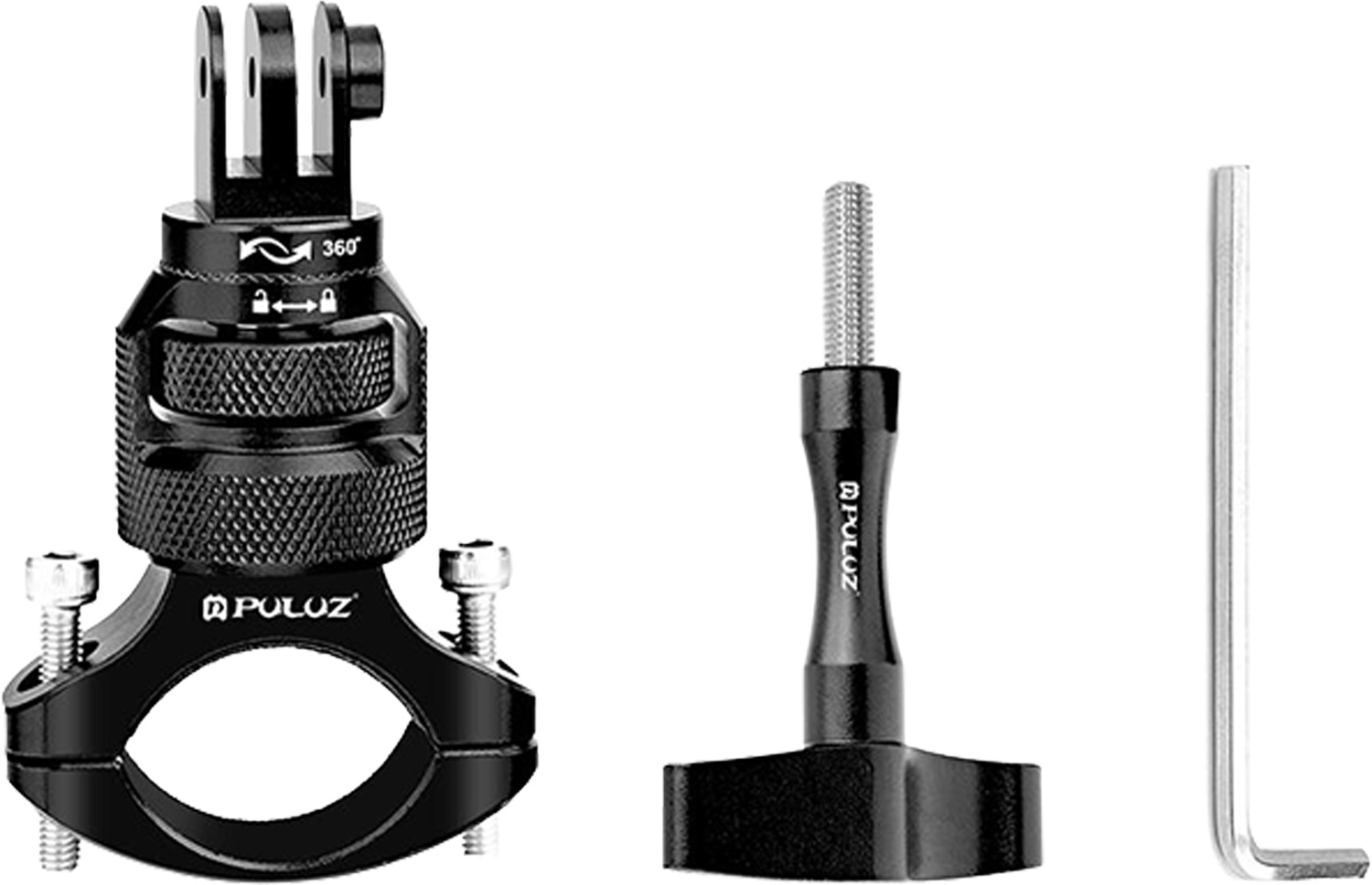 Hliníkový 360° držák na řídítka PULUZ pro sportovní kamery – černý