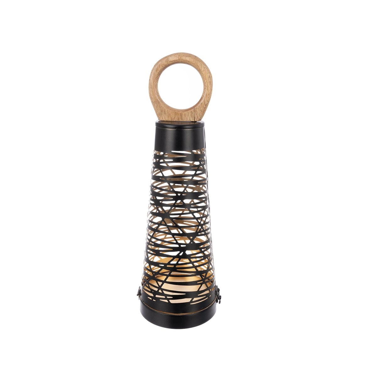 Levně Svícen kov/dřevo CONE černý/zlatý 15x15x43 cm