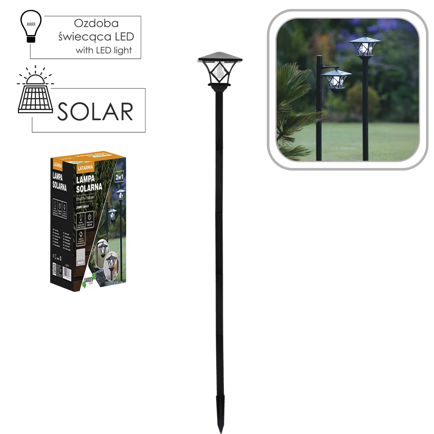 Levně Solární lampa 2v1 s LED studenou bílou, 155 cm
